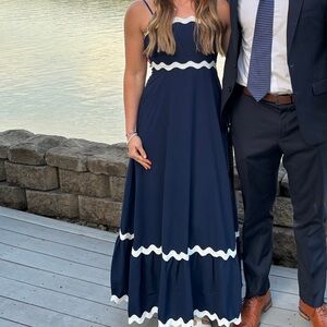Navy Blue Maxi Dress with White Trim